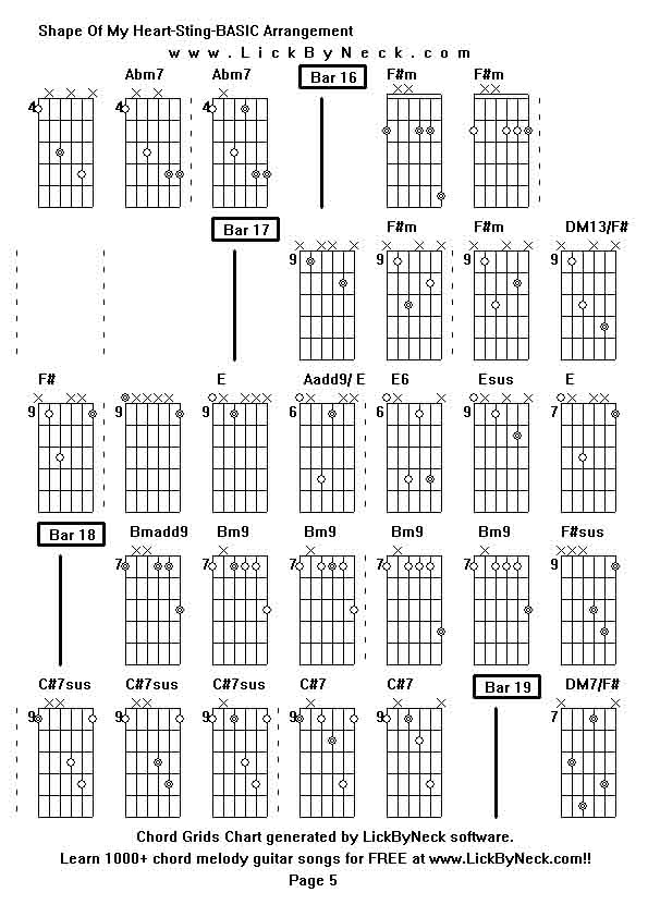 Chord Grids Chart of chord melody fingerstyle guitar song-Shape Of My Heart-Sting-BASIC Arrangement,generated by LickByNeck software.